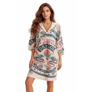 Vintage Sack Dragon Print Cotton Bell Sleeve Dress